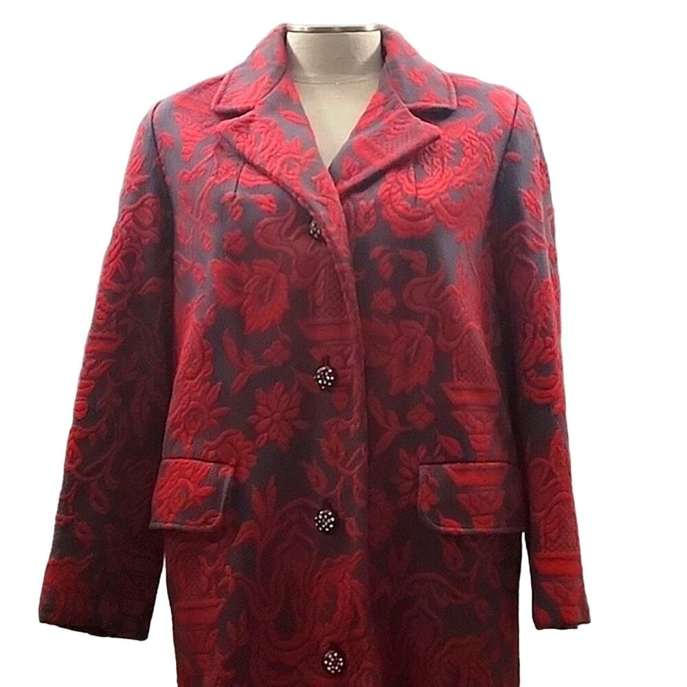Betty Rose VTG Long 3/4 Overcoat - Floral Tapestry Red Gray Brocade, Women's S